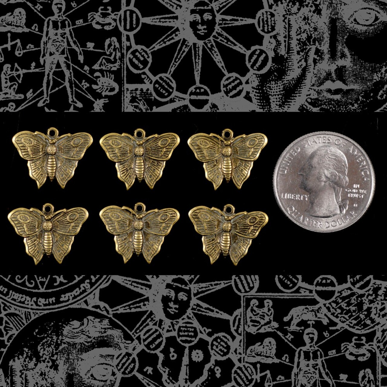 Antiqued Brass Tapestry Butterfly Charms - Set of Six - XXX - AB-C162
